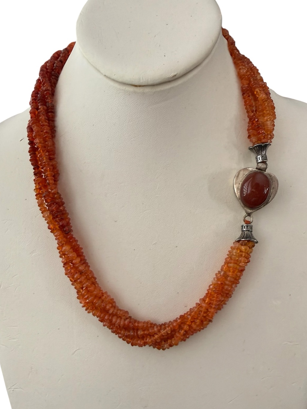 Natural Carnelian Six-Strand Bead Necklace Solid Sterling Silver Clasp